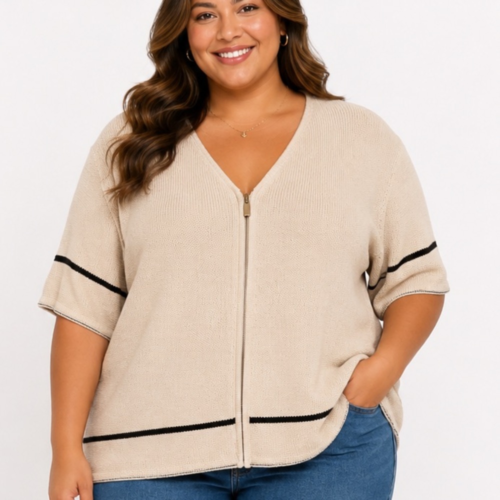 CJ Banks vintage Cream Knit Top with Black Accent X